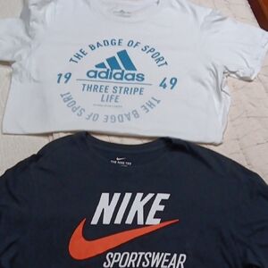 adidas White Short Sleeve Tee with Blue Logo Graphic And NIKE Black T Shirt L